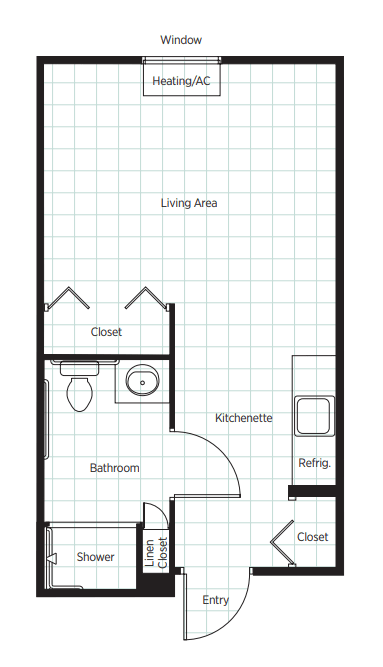 A simple floor plan of a one-room apartment with a living area, bathroom, and closet.