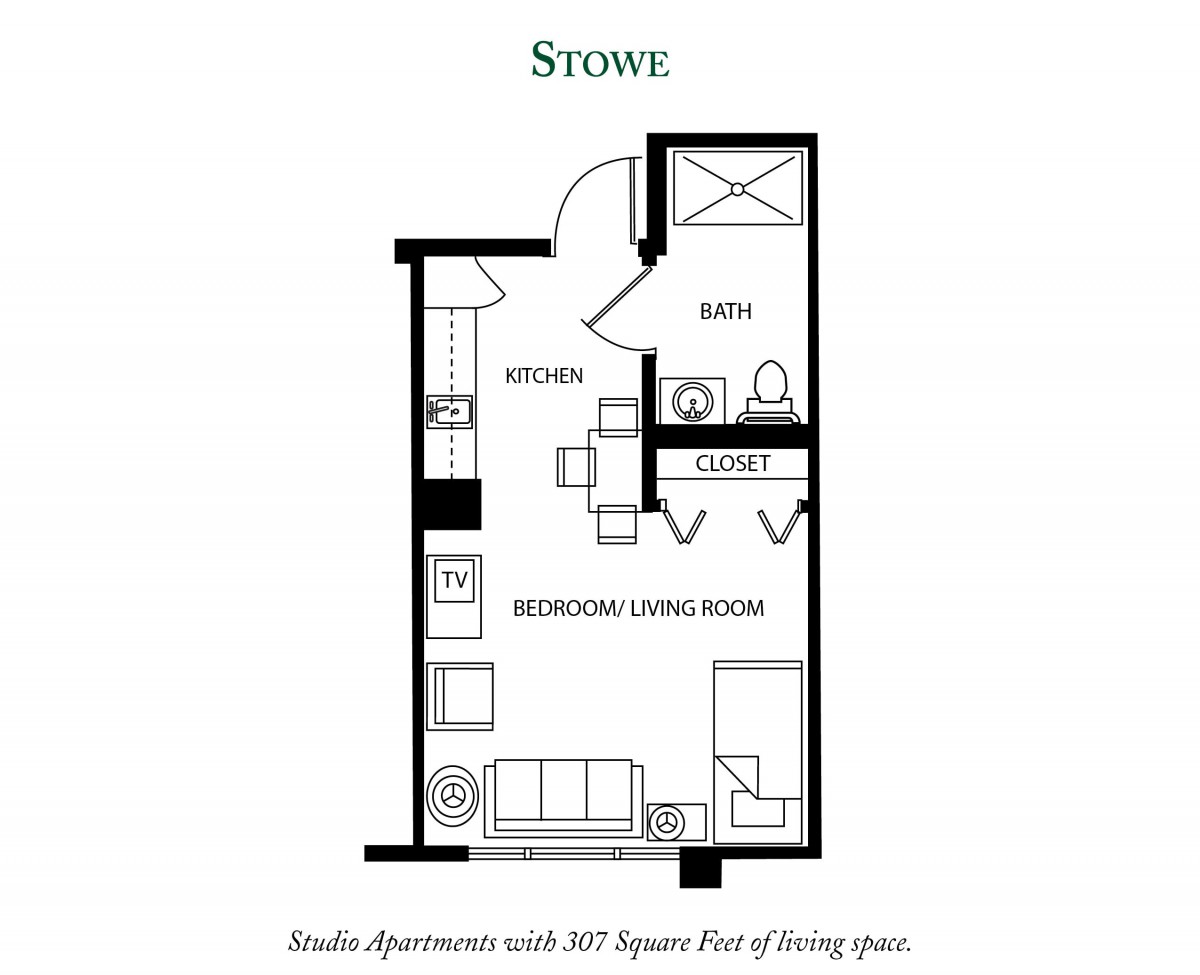 Floor plan of a studio apartment featuring a living area, kitchen, and bathroom.