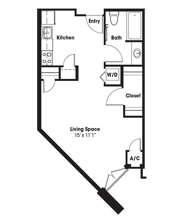 Floor plan of a one-bedroom apartment.