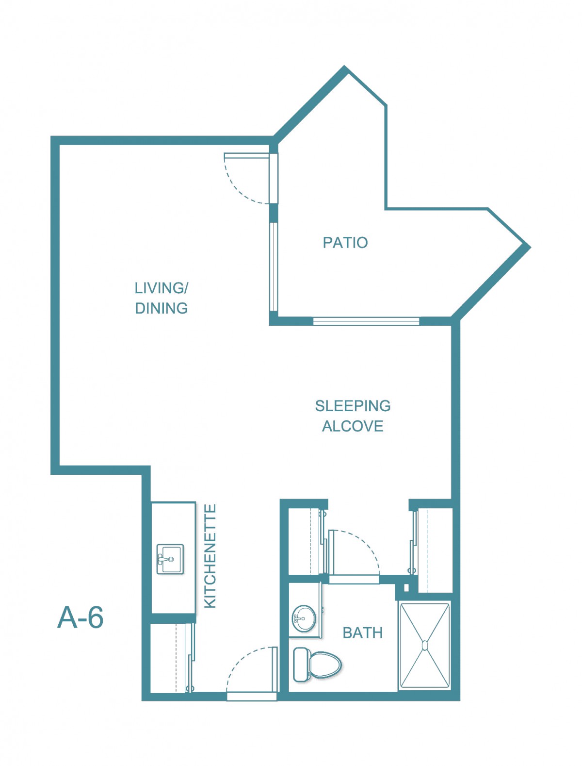 A floor plan of a studio apartment featuring a living/dining area, sleeping alcove, kitchen, and bathroom.