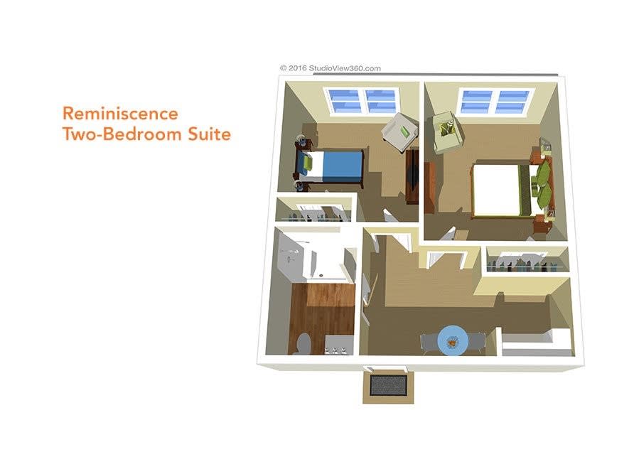 3D floor plan of a two-bedroom suite apartment layout.