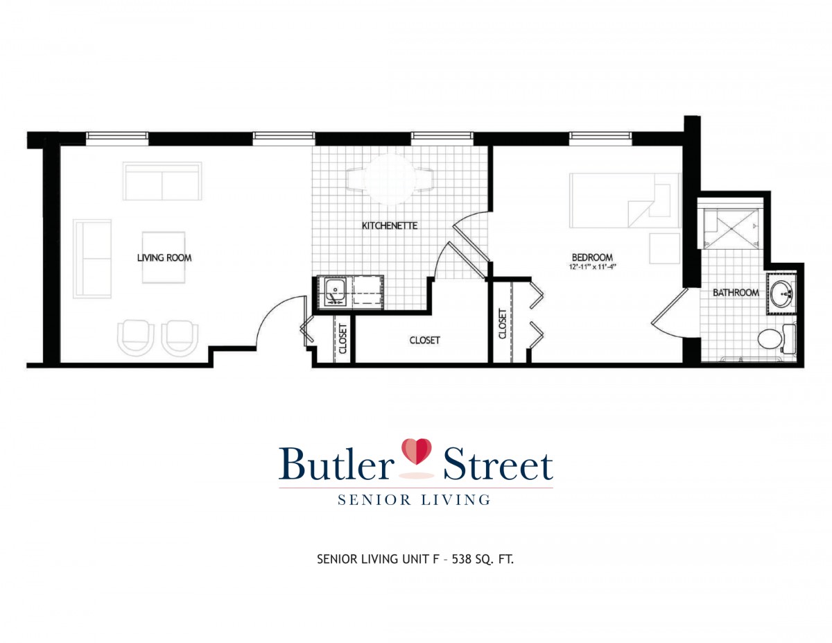 Floor plan of an apartment layout from Butler Street Senior Living.
