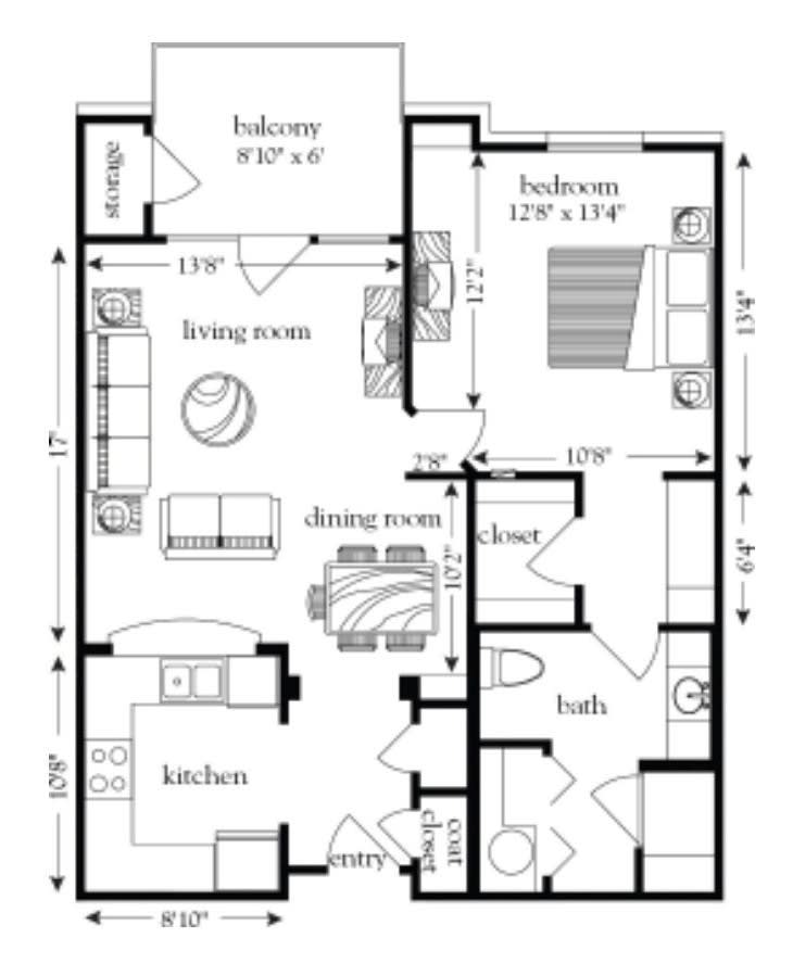 A detailed floor plan of an apartment showing the arrangement of rooms including the living room, bedroom, kitchen, and dining area.