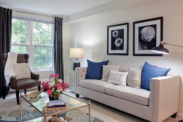 A cozy living room with a stylish sofa, decorative pillows, and framed artwork on the wall.
