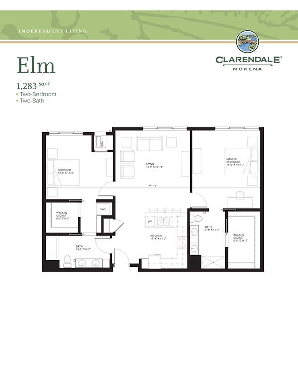Elm apartment floor plan with three bedrooms and a living area.