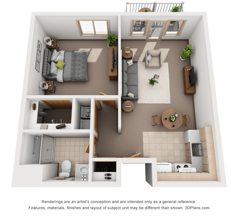 1-bedroom apartment floor plan showing a living room, kitchen, bedroom, and bathroom.