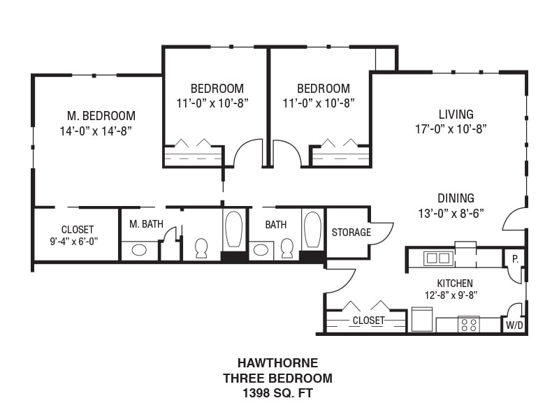 Floor plan of the Hawthorne three-bedroom apartment, covering 1388 square feet.