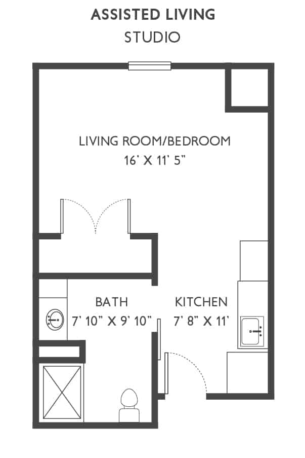 Studio apartment floor plan with living room, kitchen, and bathroom.
