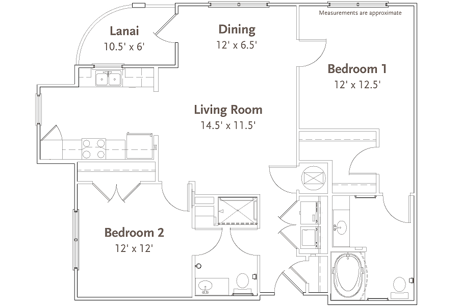 This image is a floor plan of an apartment, detailing the layout and dimensions of various rooms including two bedrooms, living room, dining area, and lanai.