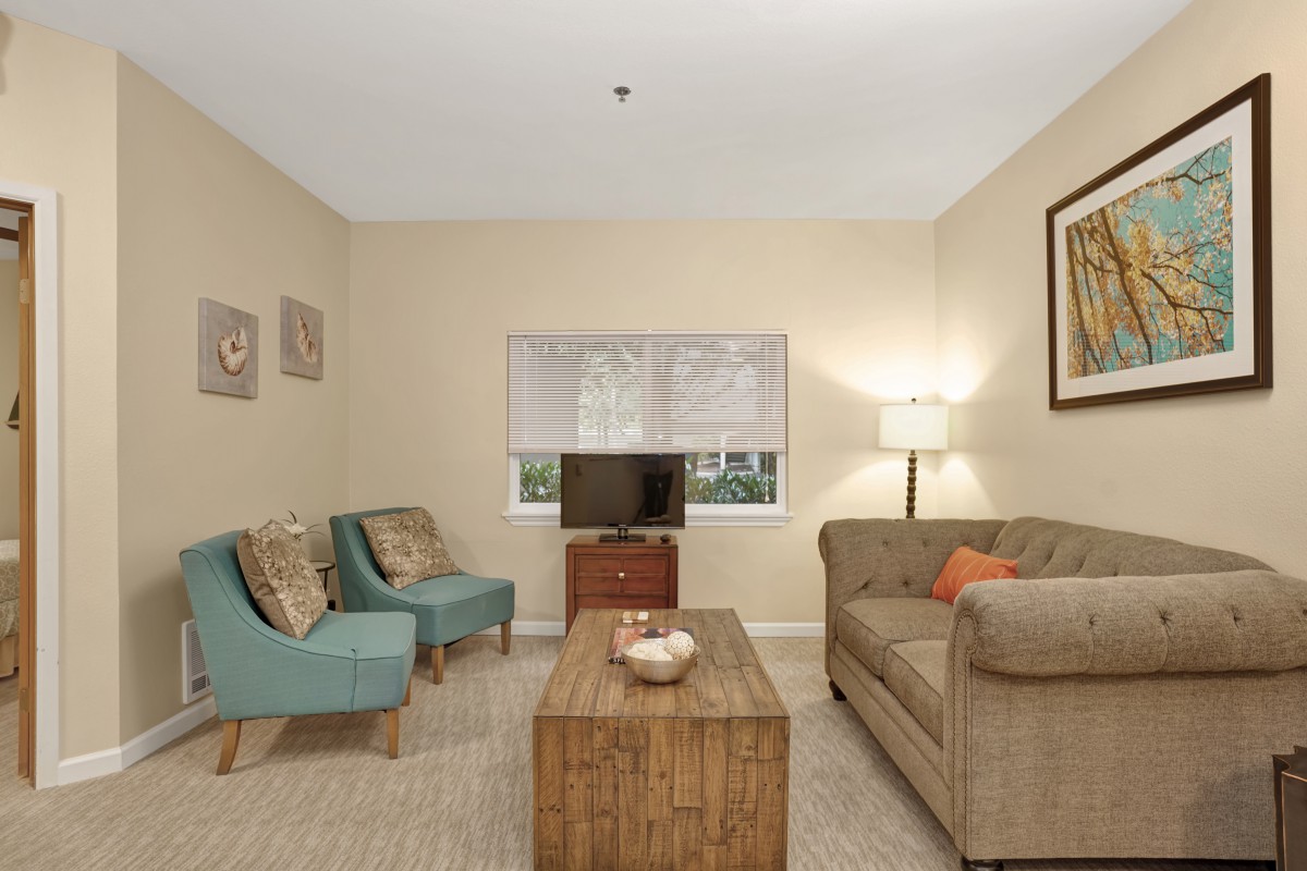 A cozy living room with a sofa, chairs, and a coffee table, featuring a TV and floor lamp.
