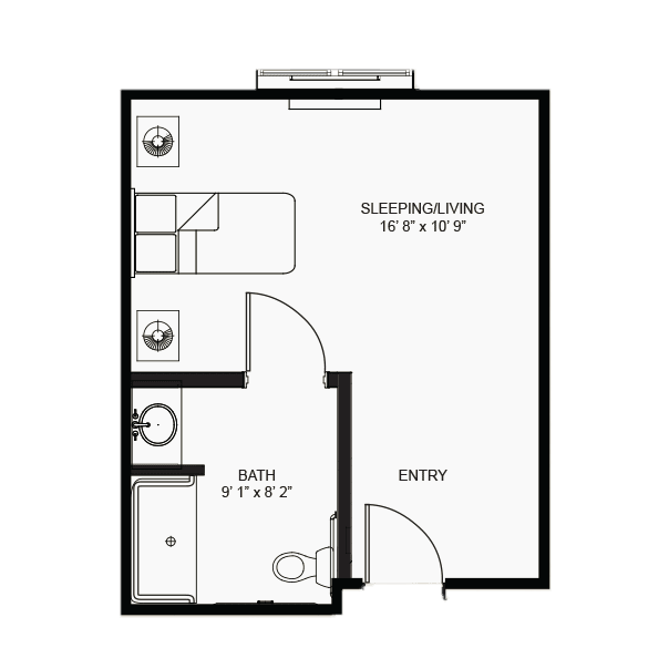 A floor plan of a studio apartment featuring a sleeping/living area, kitchen, and bathroom.