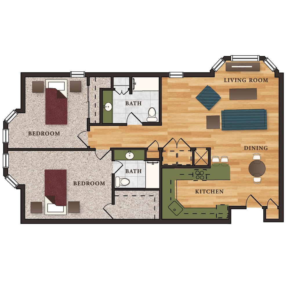 A detailed floor plan of a two-bedroom apartment, featuring a living room, kitchen, and two bathrooms.