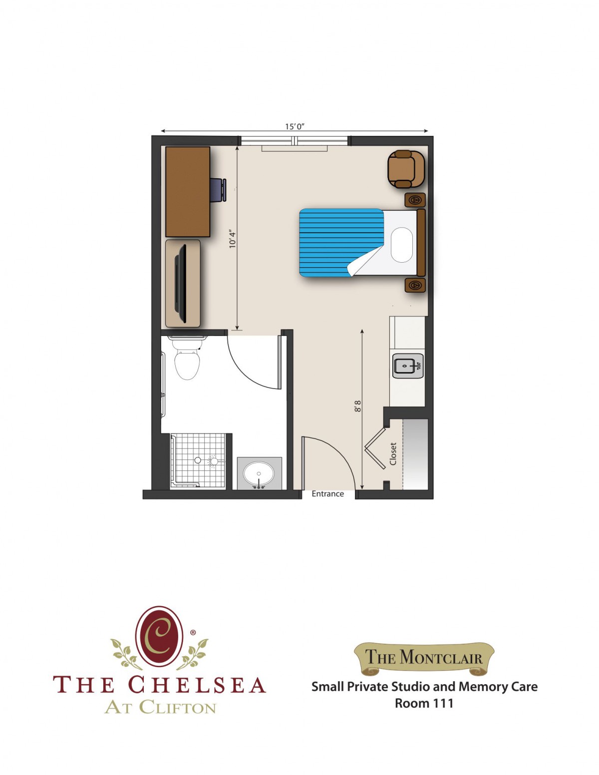 A floor plan of a studio apartment with a bed, bathroom, and furniture layout.
