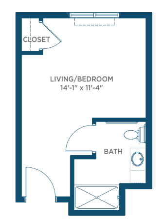 Floor plan of a studio apartment highlighting a living/bedroom, closet, and bathroom.