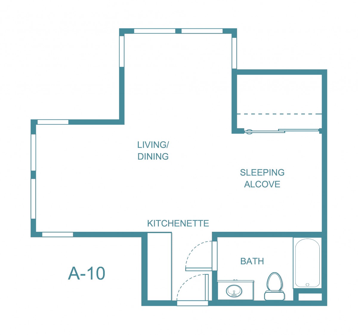 Studio apartment floor plan with kitchenette, living/dining area, and bath.