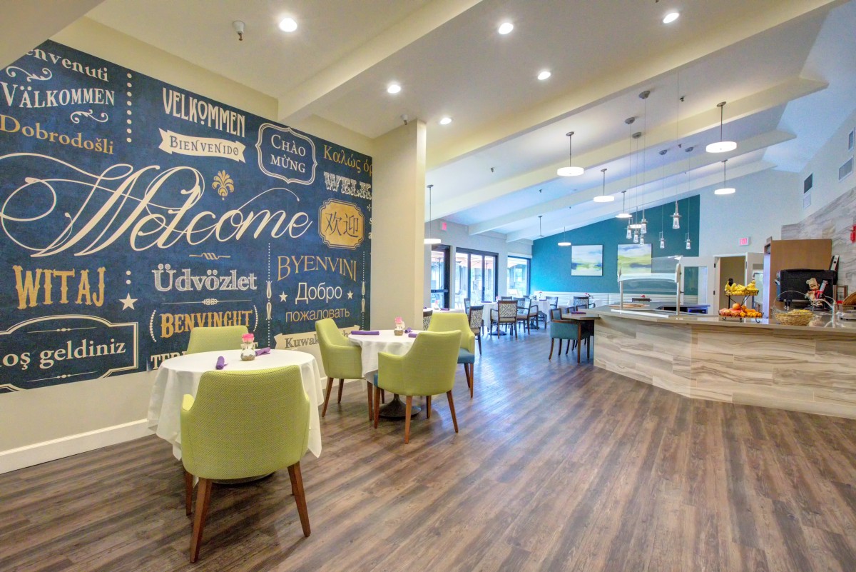 A modern restaurant interior with stylish decor, comfortable seating, and inviting ambiance.