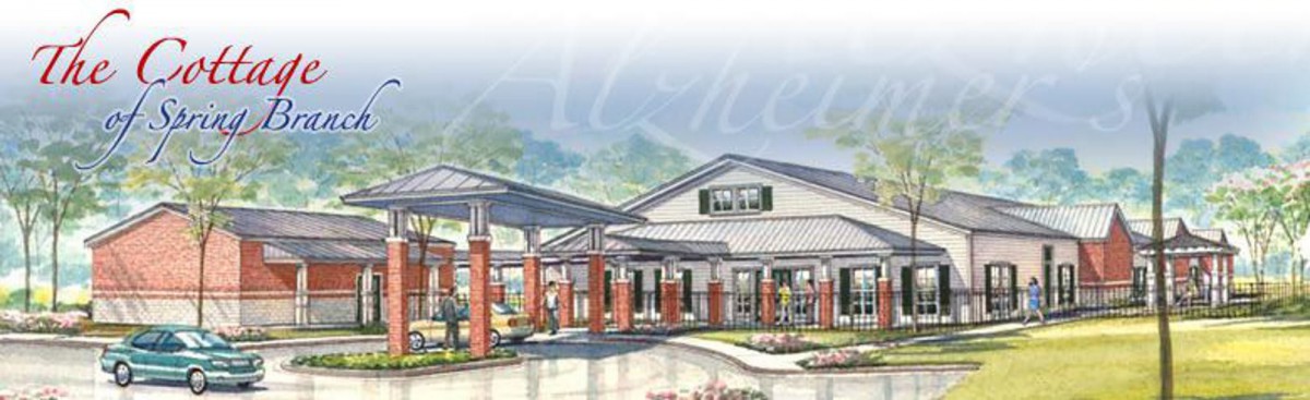 An architectural illustration of a building entrance with columns and landscaped surroundings.