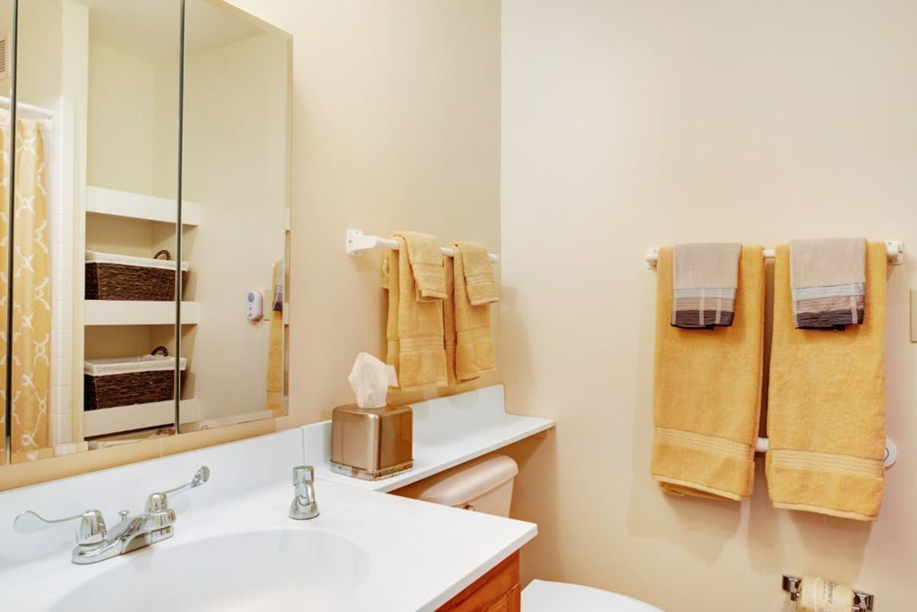 A well-organized bathroom featuring a mirror, sink, and neatly arranged towels.
