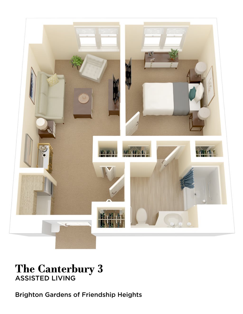 3D floor plan of The Canterbury apartment layout, featuring one bedroom, a bathroom, living area, and kitchen.