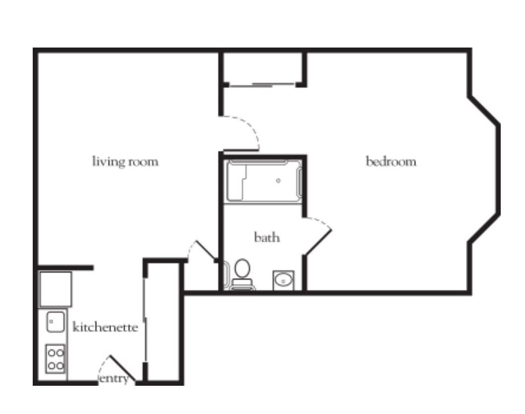 A simple floor plan of an apartment with labeled rooms, including a living room, bedroom, kitchen area, and bathroom.