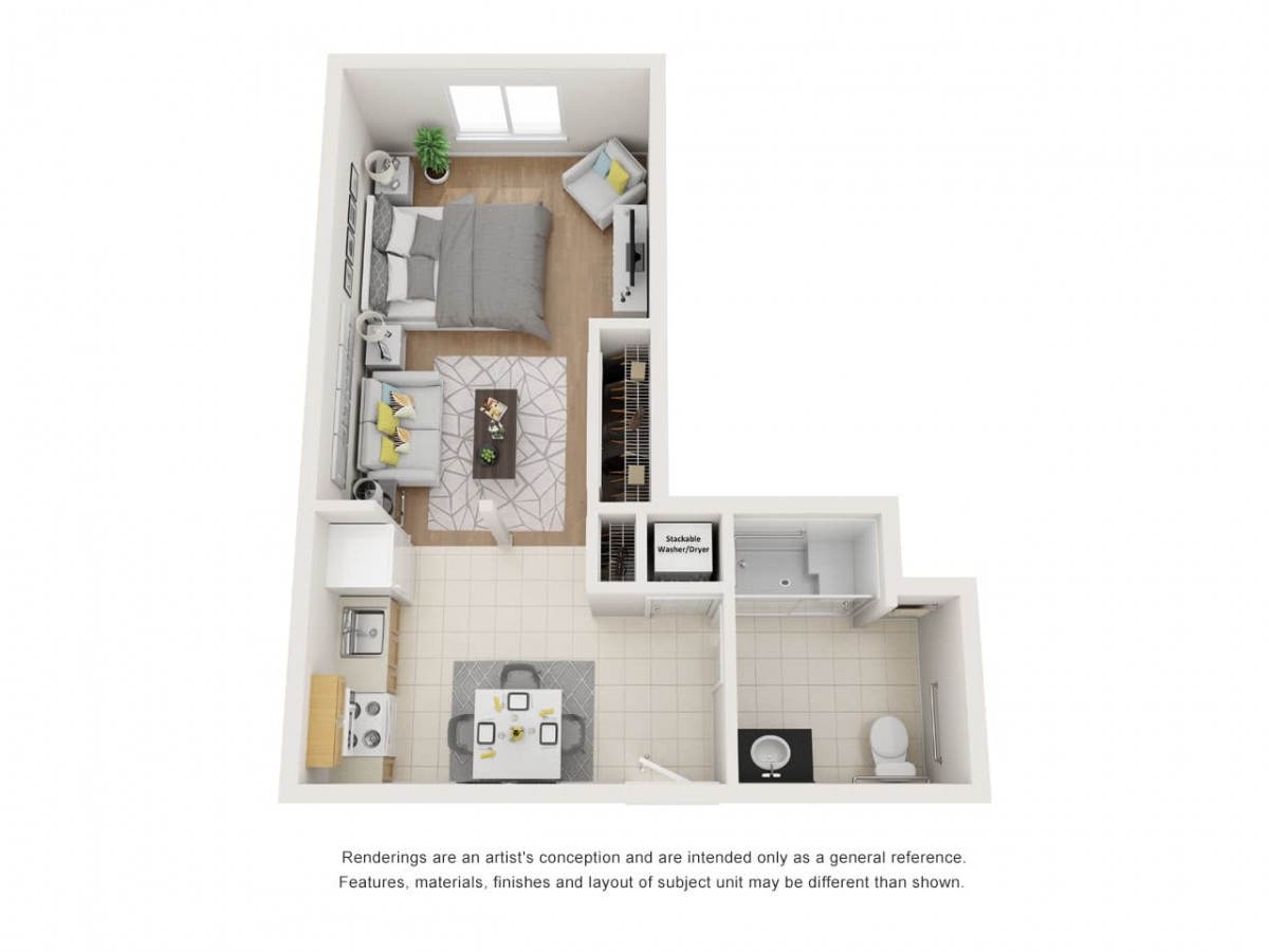 A 3D floor plan of a studio apartment showcasing the arrangement of living, sleeping, kitchen, and bathroom areas.
