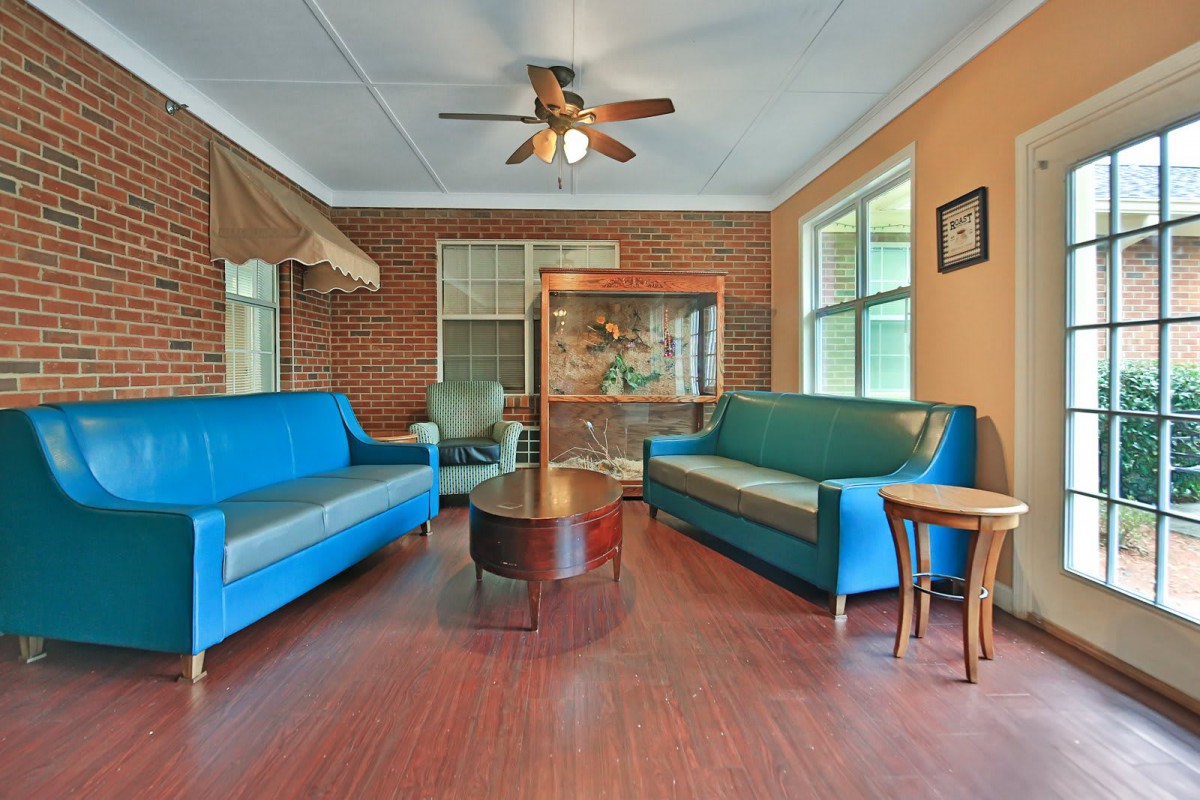 A cozy living room with two blue sofas, a wooden coffee table, and large windows overlooking the outside.