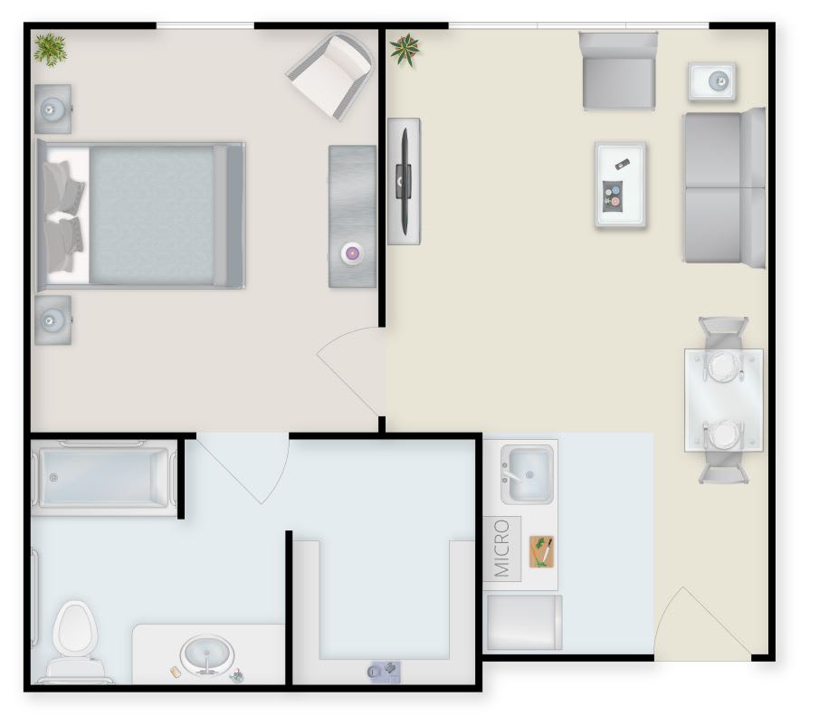 A floor plan of a one-bedroom apartment with a living room, kitchen, and bathroom.