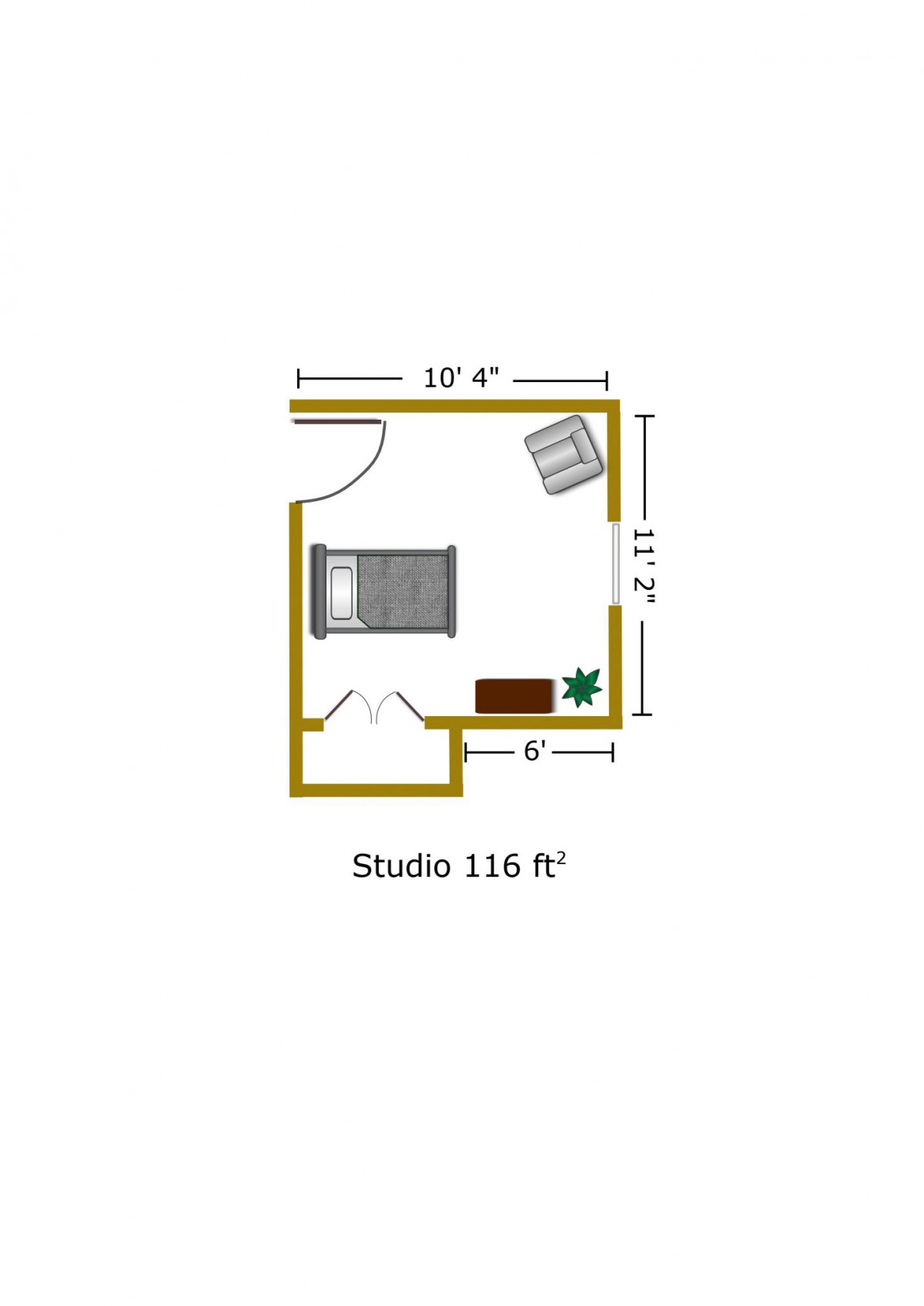 A floor plan of a studio apartment measuring 116 square feet, showing the layout and room dimensions.