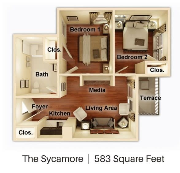 The Sycamore floor plan with 583 square feet, featuring one bedroom, one bathroom, a kitchen, living area, and terrace.