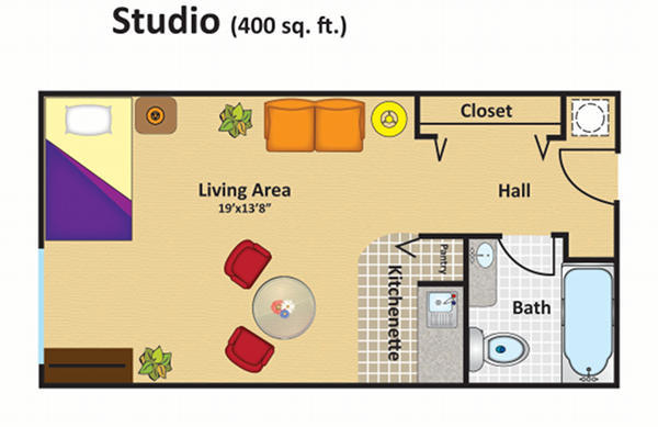 Floor plan of a 400 square foot studio apartment featuring a kitchenette, living area, bathroom, and closet.
