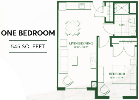 Layout of a one-bedroom apartment with designated living and bedroom areas.
