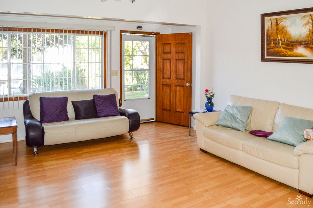 A cozy living room with wooden flooring, featuring two sofas adorned with colorful cushions and an open door letting in natural light.
