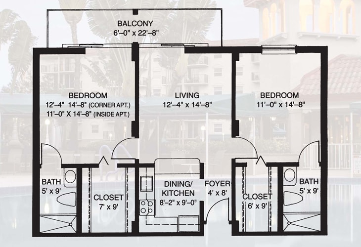 A detailed floor plan of a two-bedroom apartment with labeled dimensions for each room.