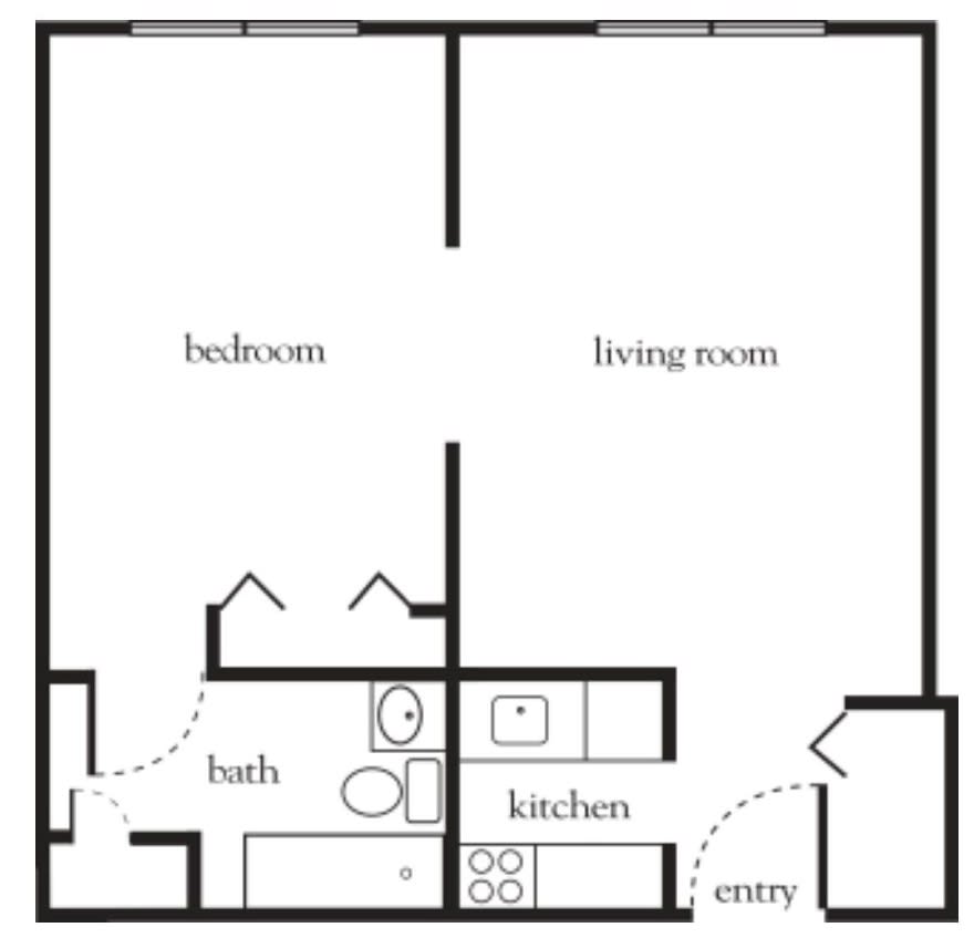 A simple apartment floor plan with one bedroom, a living room, kitchen, and bathroom.