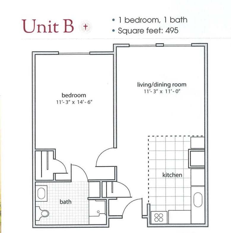 Floor plan of Unit B featuring a 1-bedroom, 1-bathroom apartment with a living/dining room.