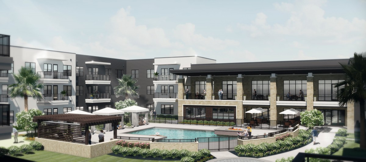A modern apartment complex featuring an outdoor pool and landscaped surroundings.