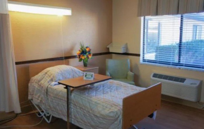 A hospital room with a single bed, side table, chair, and flowers by the window.