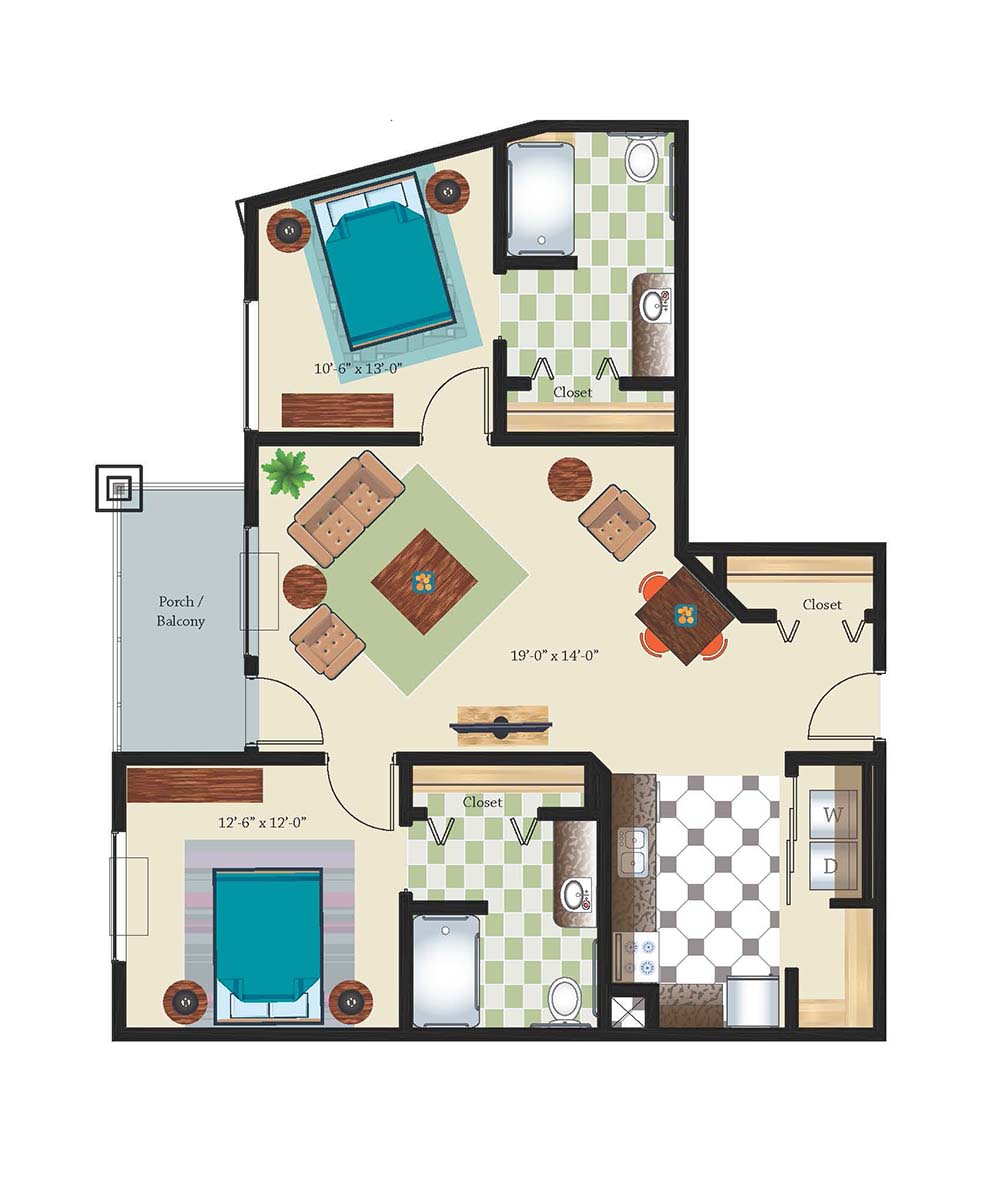 A two-bedroom apartment floor plan featuring a living room, kitchen, bathroom, and balcony.