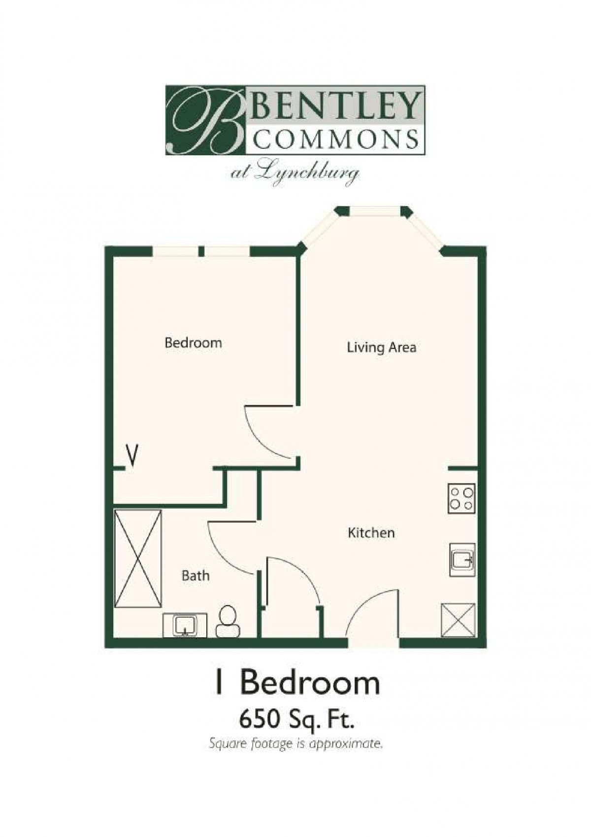 A one-bedroom apartment floor plan with labeled living area, kitchen, and bathroom.
