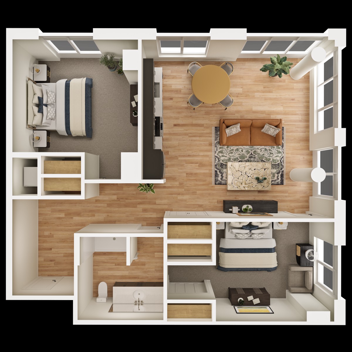 A detailed floor plan of a modern one-bedroom apartment with an open living and dining area.