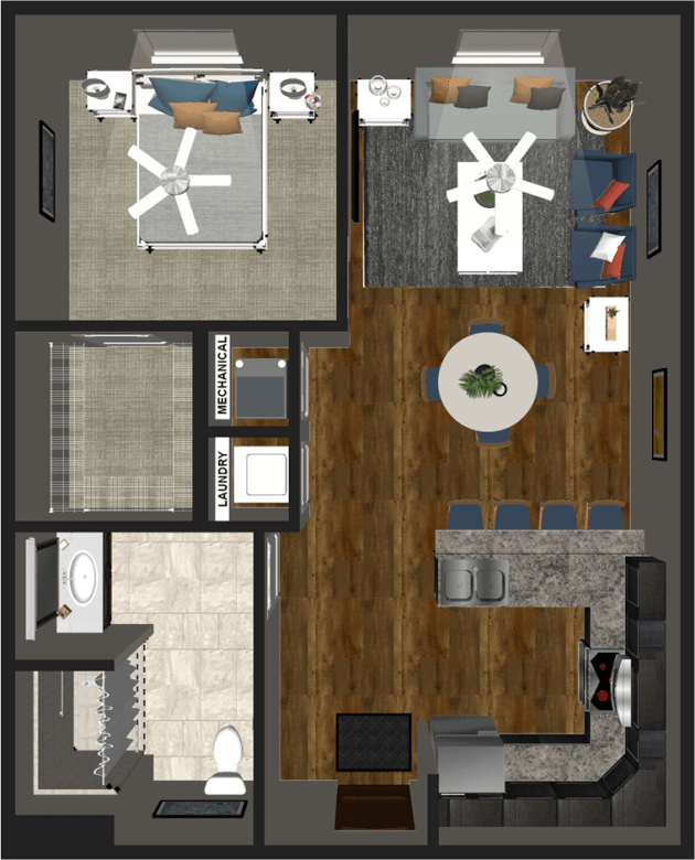 A detailed floor plan of a modern one-bedroom apartment featuring a kitchen, bathroom, and living area.