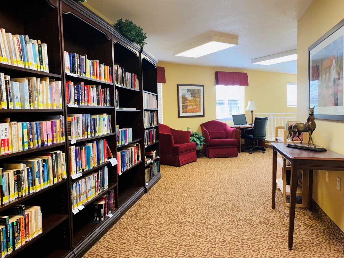 A cozy library space with bookshelves, armchairs, and a computer workstation.