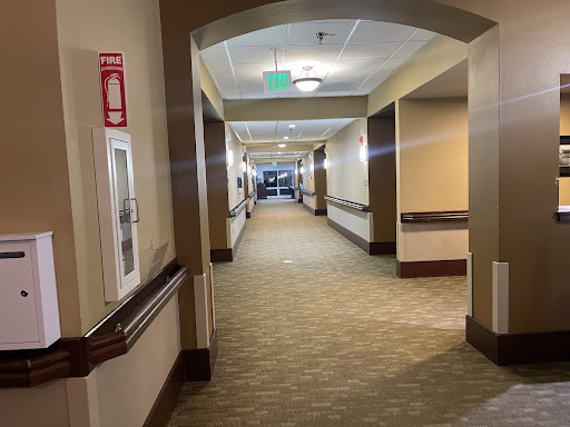 A spacious and well-lit hallway within a building, featuring carpet flooring and architectural details.