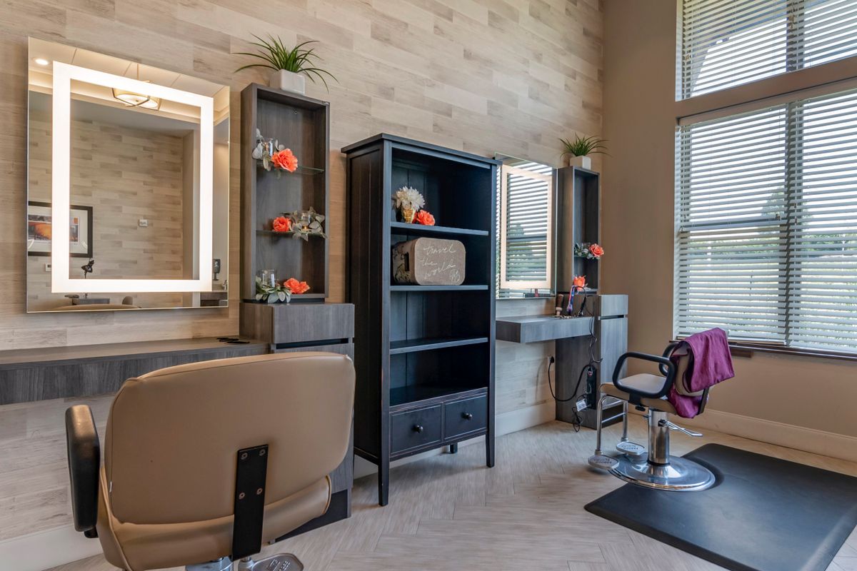 A modern hair salon interior with stylish chairs and mirrors, featuring decorative shelves and plants.