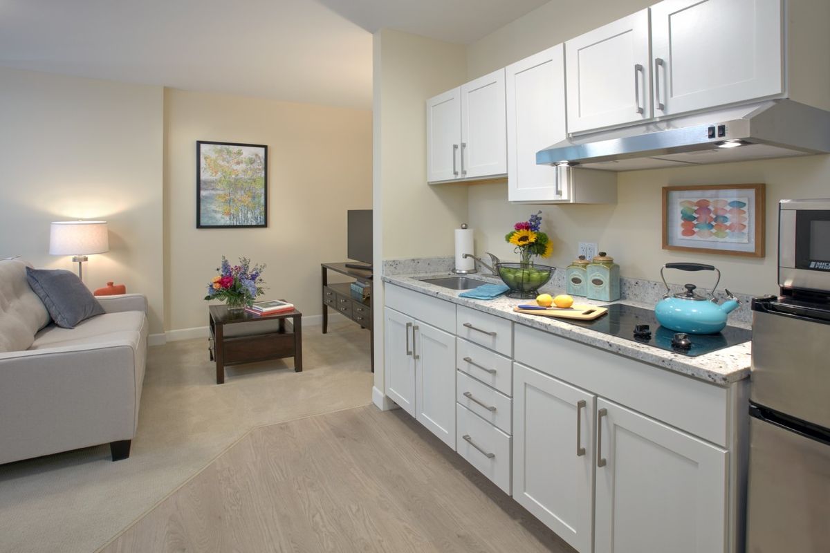 A modern apartment kitchen with white cabinets and a decorated countertop.