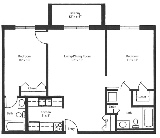 A two-bedroom apartment floor plan featuring a living/dining room, kitchen, bathroom, and balcony.