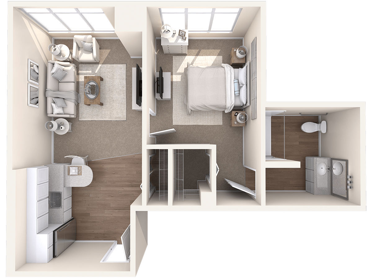 A 3D floor plan of a one-bedroom apartment with a bathroom, kitchen, and living area.