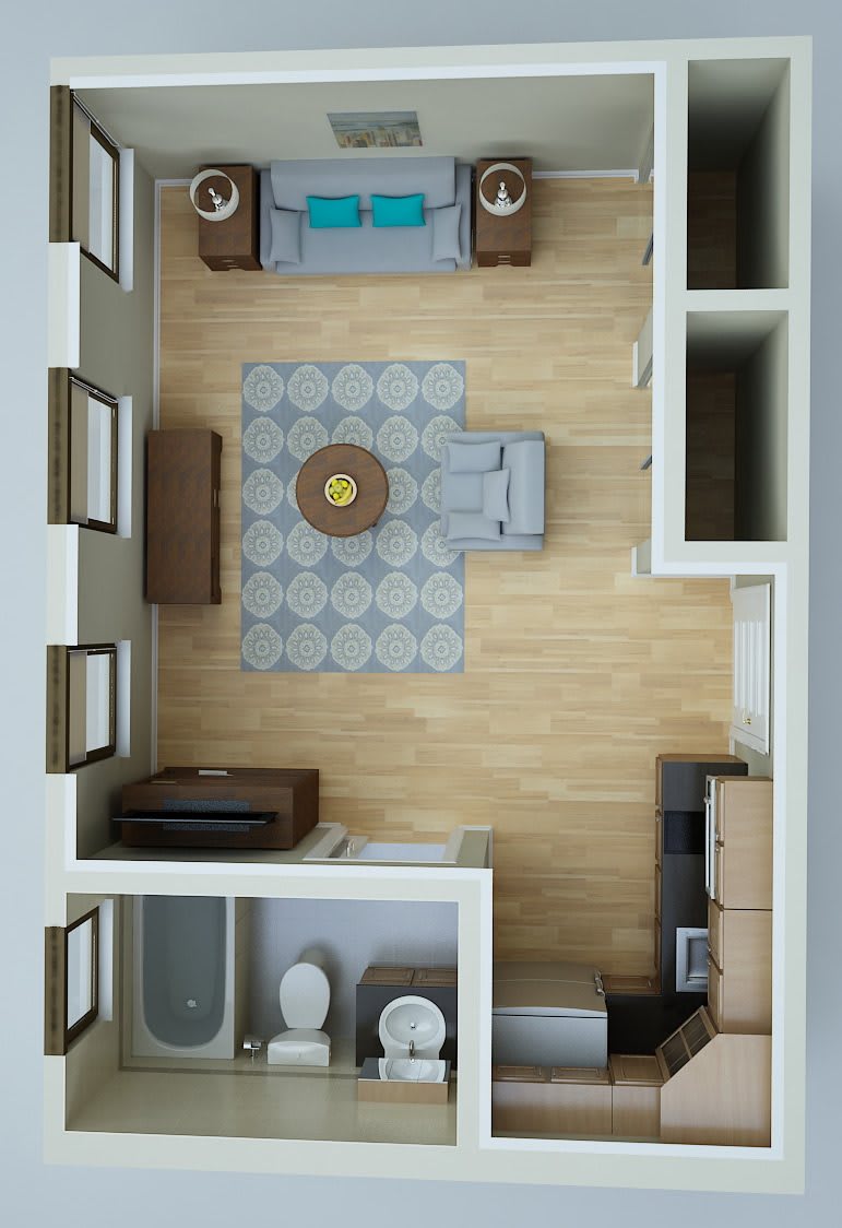 A top-down view of a well-organized living space featuring a sofa, armchair, coffee table, and rug.