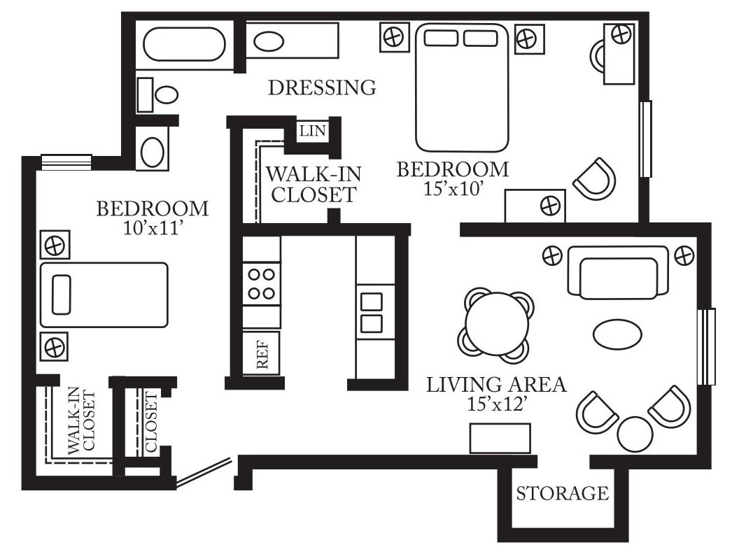 A detailed floor plan of a two-bedroom apartment featuring living area, bedrooms, kitchen, and storage space.
