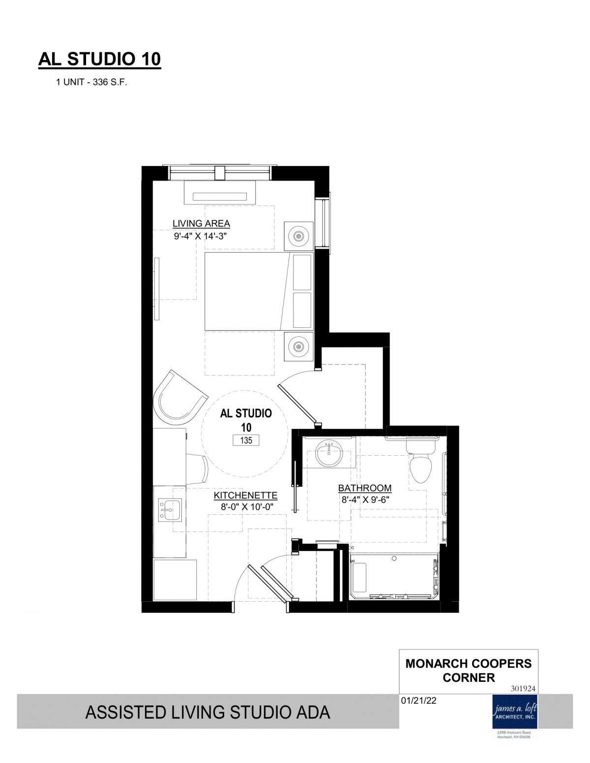Floor plan of a studio apartment showcasing the layout and room design.
